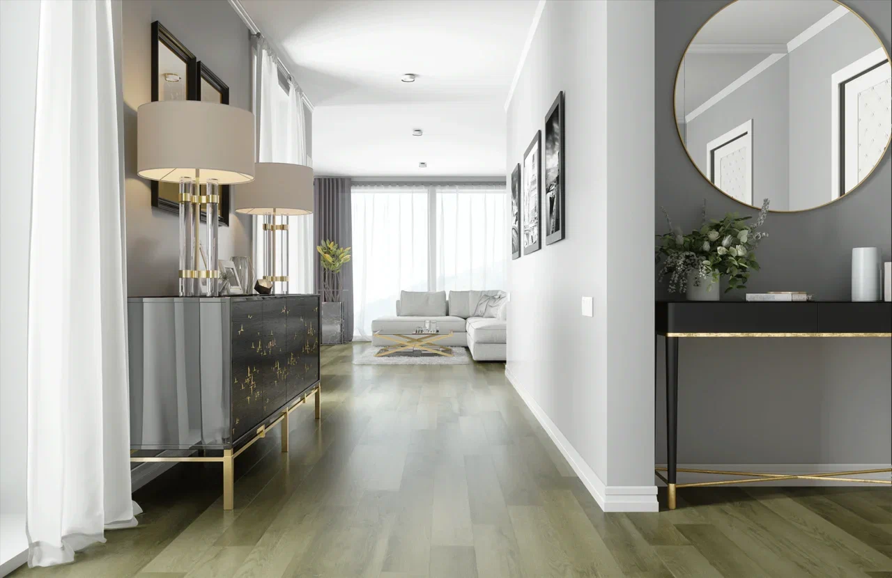 Кварцвиниловый SPC ламинат Home Expert Natural Дуб Весенний луг 0-009 1220×150×3,5 фото в интерьере